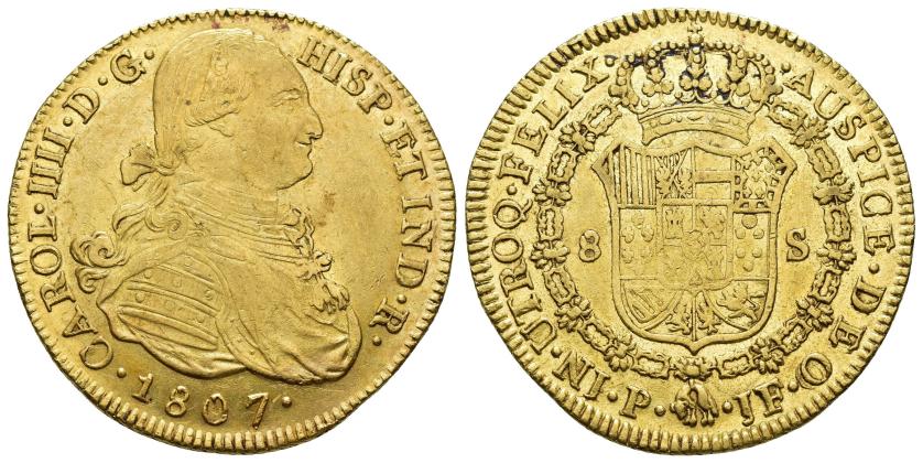 2576   -  CARLOS IV. 8 escudos. 1807. Popayán. JF. AU 26,93 g. 37,4 mm. VI-1389. R.B.O. MBC+/MBC. 
