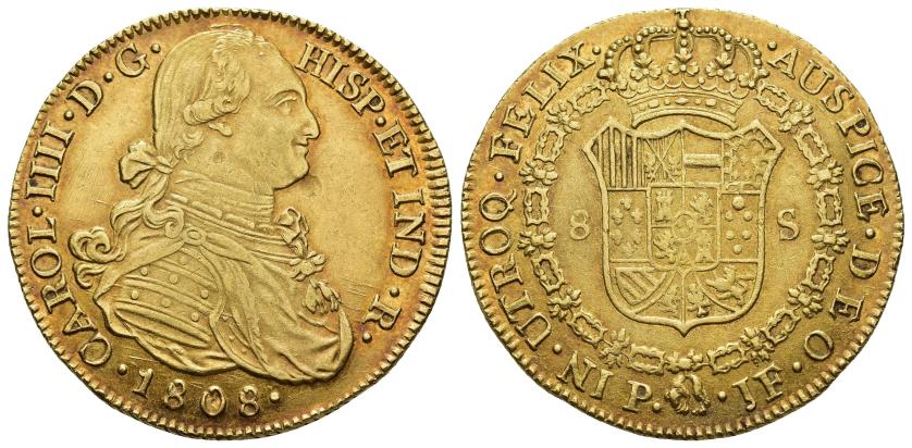 2577   -  CARLOS IV. 8 escudos. 1808. Popayán. JF. AU 27,03 g. 37,2 mm. VI-1390. Pequeños defectos de cospel. Ligera pátina rojiza. MBC+/MBC.