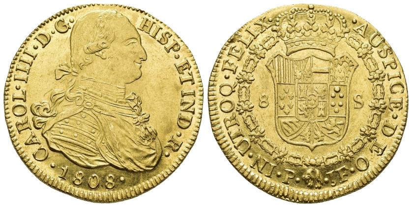 2578   -  CARLOS IV. 8 escudos. 1808. Popayán. JF. AU 27,06 g. 36,7 mm. VI-1390. Pleno B.O. EBC+. 