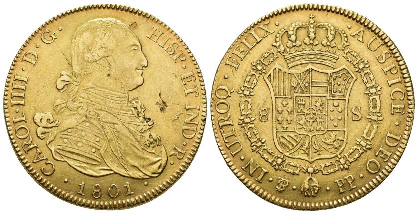 2579   -  CARLOS IV. 8 escudo. 1801. Potosí. PP. AU 26,99 g. 36,8 mm. VI-1404. Hojitas en anv. MBC/MBC+.