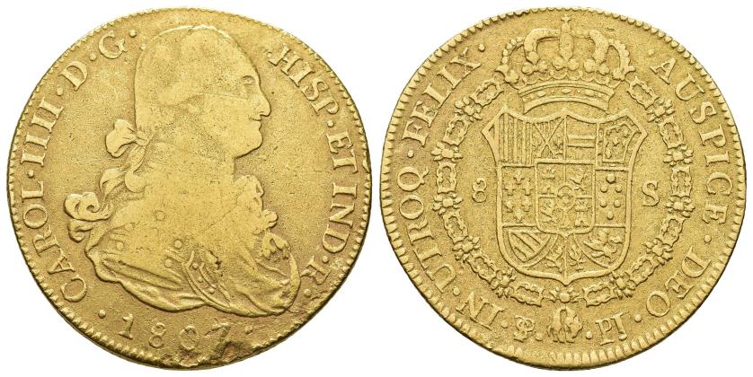 2580   -  CARLOS IV. 8 escudos. 1807. Potosí. PJ. AU 26,78 g. 36,7 mm. VI-1410. Soldadura en canto. BC+/MBC-.