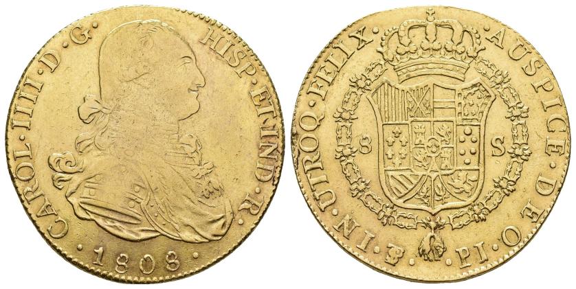 2582   -  CARLOS IV. 8 escudos. 1808. Potosí. PJ. AU 36,4 g. 26,99 mm. VI-1411. Pequeñas marcas. MBC-/MBC.
