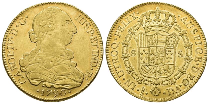 2584   -  CARLOS IV. 8 escudos. 1790. Santiago. DA. AU 36,97 g. 37,4 mm. VI-1413. Rayita en anv. MBC+/EBC.