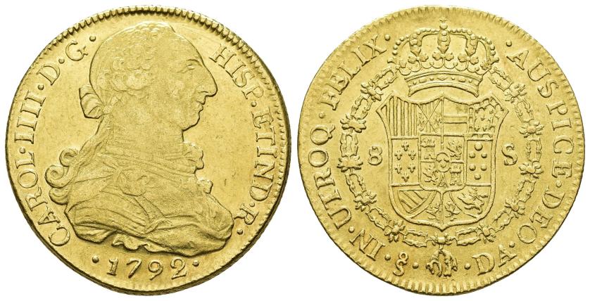 2585   -  CARLOS IV. 8 escudos. 1792. Santiago. DA. AU 26,95 g. 37,1 mm. VI-1416. R.B.O. MBC+/EBC. 