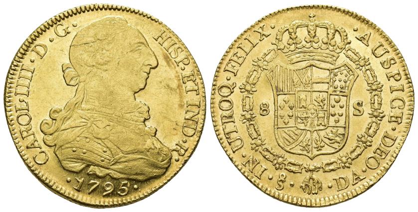 2586   -  CARLOS IV. 8 escudos. 1795. Santiago. DA. AU 27,12 g. 37,1 mm. VI-1419. Hoja en anv. y pequeñas marcas. EBC-. 