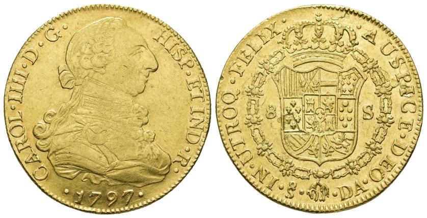 2587   -  CARLOS IV. 8 escudos. 1797. Santiago. DA. AU 27,05 g. 36,9 mm. VI-1421. Rayitas de ajuste en anv. y hojas en rev. MBC/EBC-.