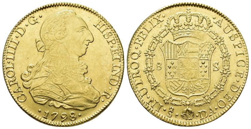 2588   -  CARLOS IV. 8 escudos. 1798. Santiago. DA. AU 27,02 g. 37,4 mm. VI-1422. Acuñación floja en rev. R.B.O. MBC+/EBC-. 