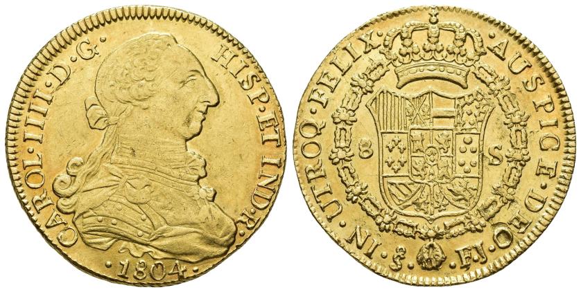 2590   -  CARLOS IV. 8 escudos. 1804. Santiago. FJ. AU 27,02 g. 37,1 mm. VI-1430. Hojitas. EBC-/EBC.