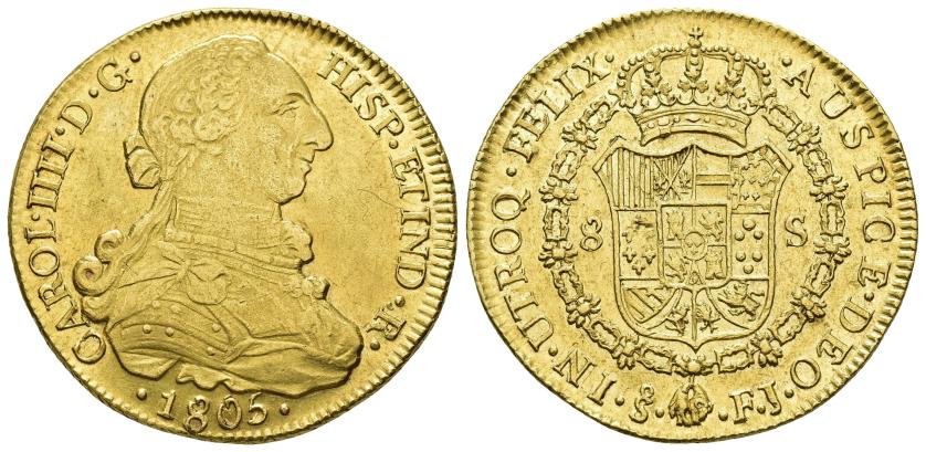 2591   -  CARLOS IV. 8 escudos. 1805. Santiago. FJ. AU 27,05 g. 37,8 mm. VI-1431. Rayitas de acuñación en anv. B.O. EBC-/EBC. 