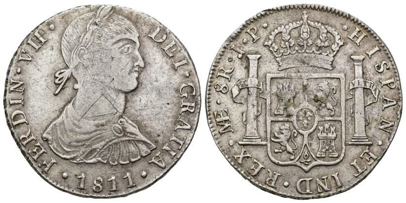 2594   -  FERNANDO VII. 8 reales. 1811. Lima. JP. AR 27,21 g. 38,8 mm. VI-1040. Rayas en anv. MBC.