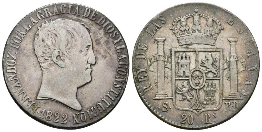 2596   -  FERNANDO VII. 20 reales. 1822. Sevilla. RD. AR 27,14 g. 37,2 mm. VI-1173. Finas rayas en anv. MBC-. Escasa.