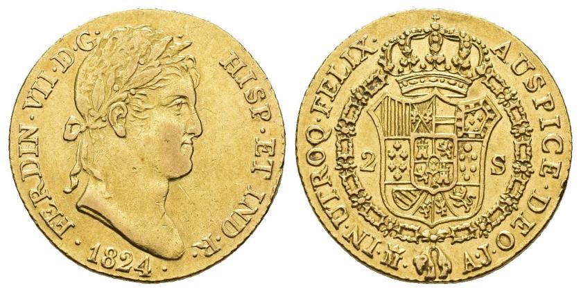 2599   -  FERNANDO VII. 2 escudos. 1824. Madrid. AJ. AU 6,8 g. 21 mm. VI-1347. Golpecitos en canto y pequeñas marcas. EBC-. 