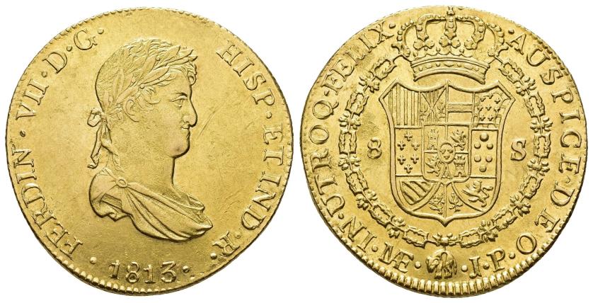 2600   -  FERNANDO VII. 8 escudos. 1813. Lima. JP. AU 27,14 g. 35,7 mm. VI-1465. Rayita en anv. y pequeñas marcas. MBC+/EBC-. Escasa.