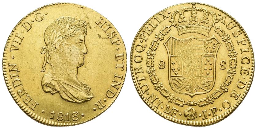 2601   -  FERNANDO VII. 8 escudos. 1813. Lima. JP. AU 27,08 g. 35,9 mm. VI-1465. Trazas de limpieza. Vano en rev. MBC+/EBC-. 