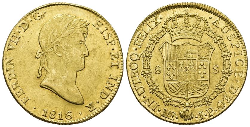 2602   -  FERNANDO VII. 8 escudos. 1816. Lima. JP. AU 27,02 g. 36,7 mm. VI-1468. Mínima hojita en rev. R.B.O. EBC. Escasa. 