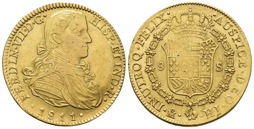 2604   -  FERNANDO VII. 8 escudos. 1811. México. HJ. AU 26,89 g. 37 mm. VI-1484. Vano en rev. MBC.