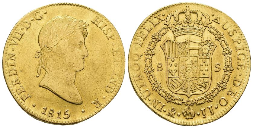 2605   -  FERNANDO VII. 8 escudos. 1815/4. México. JJ. AU 26,96 g. 37,4 mm. VI-1489. Ligeras trazas de limpieza. R.B.O. MBC/EBC-. Escasa. 