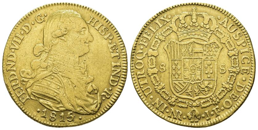 2607   -  FERNANDO VII. 8 escudos. 1815/4. Nuevo Reino. JF. AU 27,03 g. 36,4 mm. VI-1504. Pequeñas marcas. MBC-/MBC.