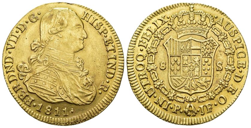 2610 - FERNANDO VII. 8 escudos. 1811. Popayán. JF. AU 26,98 g. 37,7 mm. VI-1513. Ligeras trazas de limpieza. R.B.O. EBC-.