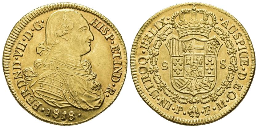 2611   -  FERNANDO VII. 8 escudos. 1818. Popayán. FM. AU 27,04 g. 36,7 mm. VI-1522. B.O. EBC/EBC+. 