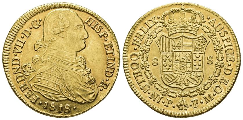 2611 - FERNANDO VII. 8 escudos. 1818. Popayán. FM. AU 27,04 g. 36,7 mm. VI-1522. B.O. EBC/EBC+.