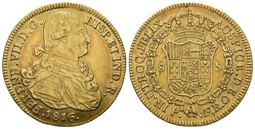 2612   -  FERNANDO VII. 8 escudos. 1816. Popayán. FR. AU 27,04 g. 37,5 mm. VI-1527. Pátina de monetario. MBC+.