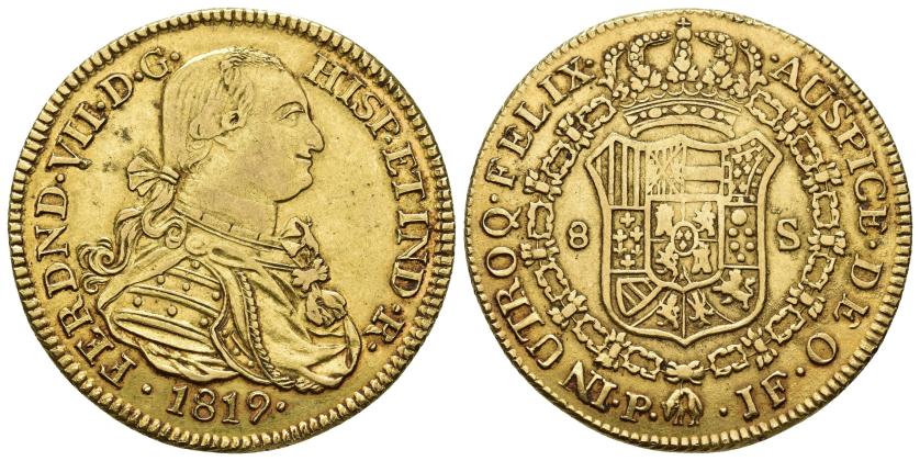 2614   -  FERNANDO VII. 8 escudos. 1819. Popayán. JF. Falsa de época. AU 27,08 g. 37,6 mm. MBC.