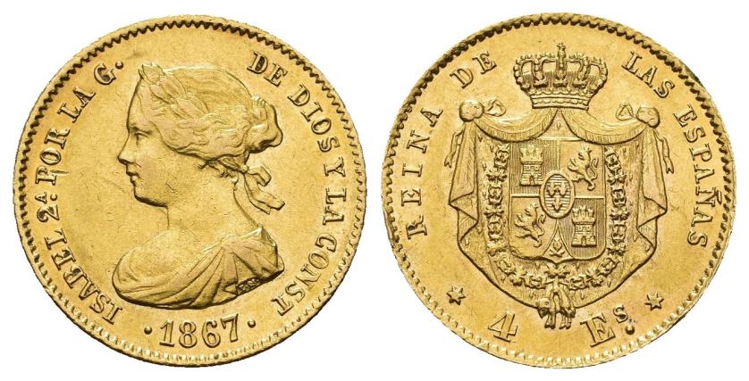2620   -  ISABEL II. 4 escudos. 1867. Madrid. AU 3,35 g. 17,8 mm. VI-572. Golpecito en canto y ligeras marcas. EBC-.