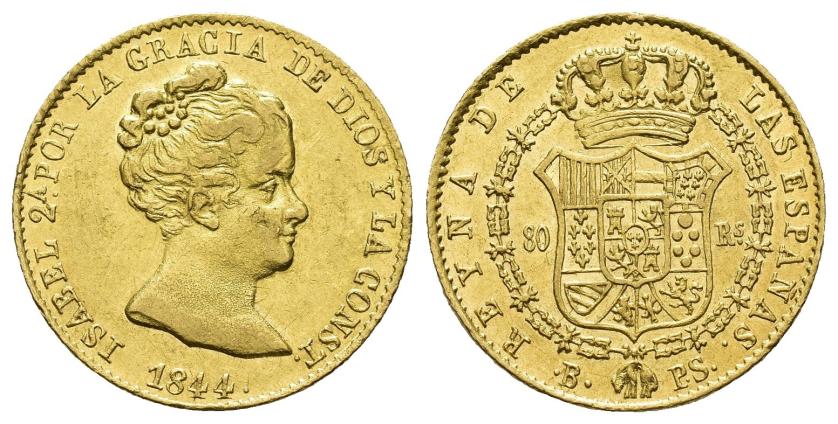 2621   -  ISABEL II. 80 reales. 1844. Barcelona. PS. AU 6,75 g. 21 mm. VI-587. Golpecitos en anv. EBC-/EBC+.