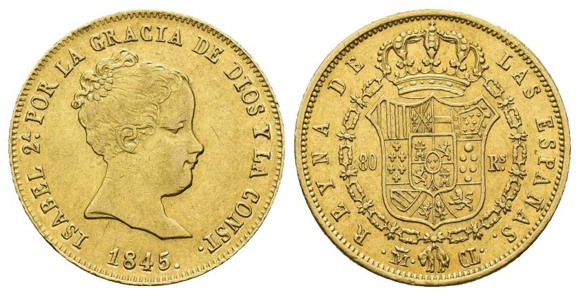 2622   -  ISABEL II. 80 reales. 1845. Madrid. CL. AU 6,78 g. 20,9 mm. VI-603. Golpecito en canto. R.B.O. EBC-/EBC.