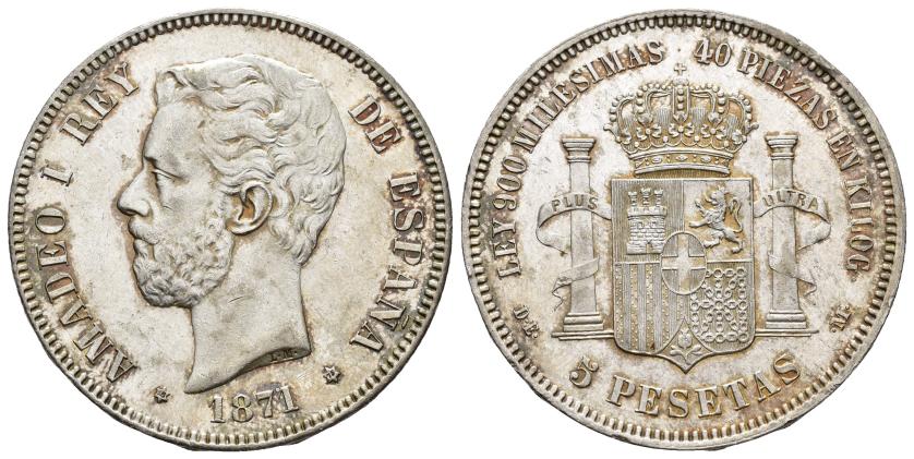 2623 - AMADEO I. 5 pesetas. 1871*18-75. Madrid. DEM. AR 24,93 g. 37,4 mm. VII-36. Pequeñas marcas. Ligera pátina. R.B.O. EBC/EBC+.