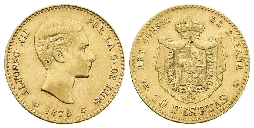2624   -  ALFONSO XII. 10 pesetas. 1878 *18-78. Madrid. EMM. AU 3,19 g. 19,1 mm. VII-97. Pequeño punzón en anv. MBC+/EBC-. 