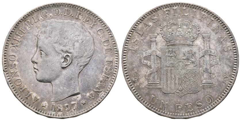 2630   -  ALFONSO XIII. Peso. 1897. Manila. SGV. AR 24,86 g. 37,4 mm. VII-192. Pequeñas marcas. MBC+/MBC.