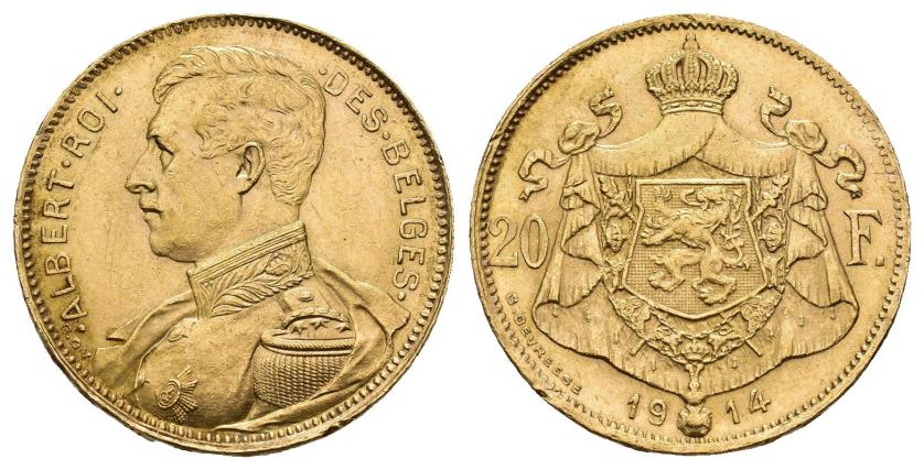 2652   -  MONEDAS EXTRANJERAS. BÉLGICA. Alberto I. 20 francos. 1914.AU 6,14 g. 21,1 mm. KM-78. B.O. EBC+. 