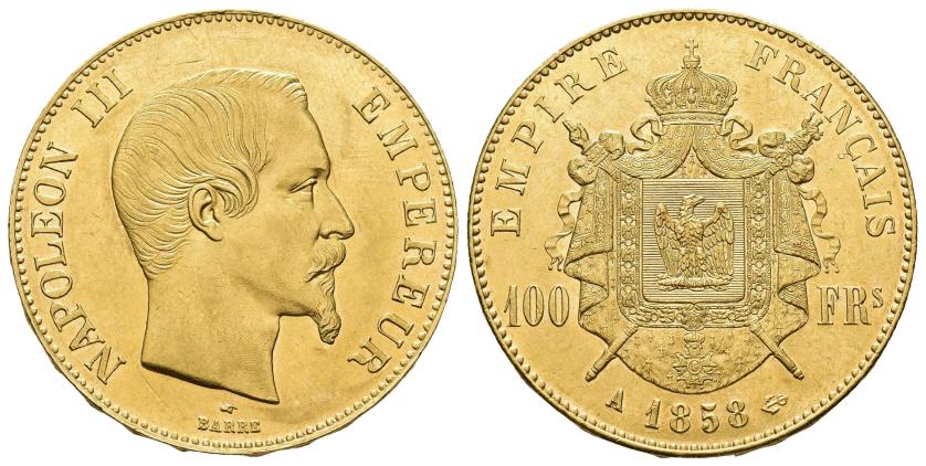 2659   -  MONEDAS EXTRANJERAS. FRANCIA. Napoleón III. 100 francos. 1858 A. AU 32,25 g. 34,9 mm. KM-786.1. Rayita en anv. EBC+.