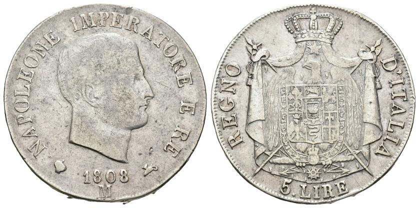 2669   -  MONEDAS EXTRANJERAS. ESTADOS ITALIANOS. Reino de Italia. Napoleón. 5 liras. 1808. M. AR 24,72 g. 36,9 mm. KM-10.7. MBC-/MBC.