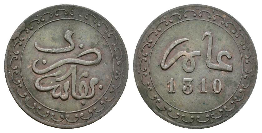 2689   -  MONEDAS EXTRANJERAS. MARRUECOS. 1/2 felús (mazuma). 1310 H. Fez. Cu 1,43 g. 18,8 mm. Y-B1. MBC. Rara.