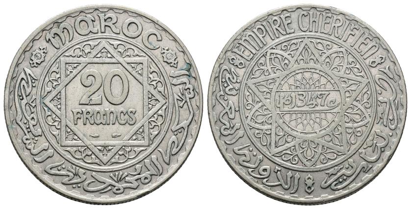 2716   -  MONEDAS EXTRANJERAS. MARRUECOS. 20 francos. 1347 H. París. AR 19,93 g. 34,7 mm. EBC-.