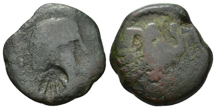 2072   -  COLECCIÓN CORES. REYES NÚMIDAS Y MAURETANOS. HIARBAS. Ceca de Numidia occidental (108-81 a.C.). A/ Cabeza del rey a der. R/ Cabeza de África con exuviae elephantis a der. AE 7,75 g. 22,5 mm. COP-520; MAA-37; CC-5725, mismo ejemplar. Contramarca inédita con letras púnicas tg en anv. RC, la contramarca MBC. Rara.