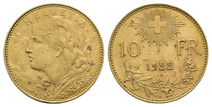 2720   -  MONEDAS EXTRANJERAS. SUIZA. 10 francos. 1922 B. AU 3,21 g. 18,9 mm. KM-36. EBC+.