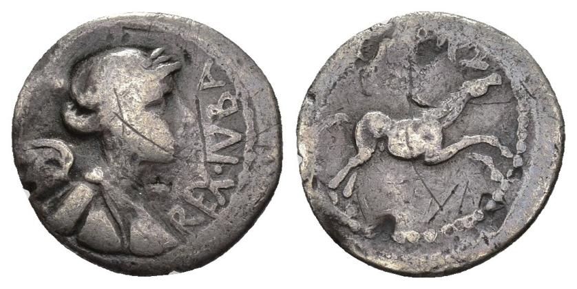 2076   -  COLECCIÓN CORES. REYES NÚMIDAS Y MAURETANOS. JUBA I. Quinario. Útica (¿60?-46 a.C.). A/ Busto de Victoria a der.; REX IVBA. R/ Caballo galopando a der.; ley. neopúnica ywb' y hmmlkt. AR 1,61 g. 15 mm. COP-525; RPC-718; MAA-30; CC-5730, mismo ejemplar. Golpes y rayas en anv. y rev. BC+. Muy rara.