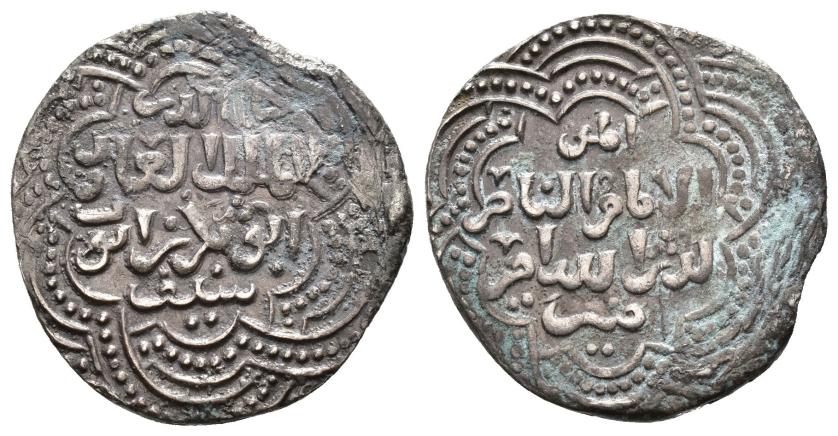 1065   -  AYYUBÍES, SULTANATO DE EGIPTO. AL-'ADIL AHMAD B. NAYM AL-DIN AYYUB ABU BAKR SAYF AL-DIN AL-MALIK (593-615/1196-1218). Dírham. Damasco. 599 H. CU 2,94 g. 18 mm. Tipo Balog 1980-281. MBC.