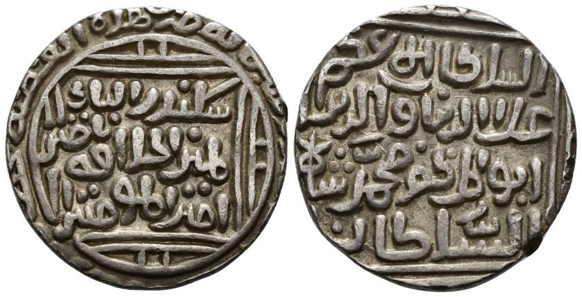 1188   -  SULTANATO DE DELHI. JALJÍES. 'ALA AL-DIN MUHAMMAD SAH II (695-715/1296-1316). Tanka. Sin ceca. Sin fecha. AR 10,93 g. 27 mm. Tipo Mitchiner 1977-2542; Goron/Goenka-D226. MBC+.