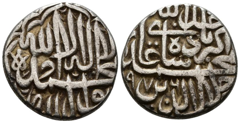 1228   -  MOGOLES. YILAL AL-DIN MUHAMMAD AKBAR B. HUMAYUN (963-1014/1556-1605). Rupia.  ¿Kalpi? 976 H. AR 11,44 g. 16 mm. Mitchiner 1977-3041 var. MBC/MBC-.