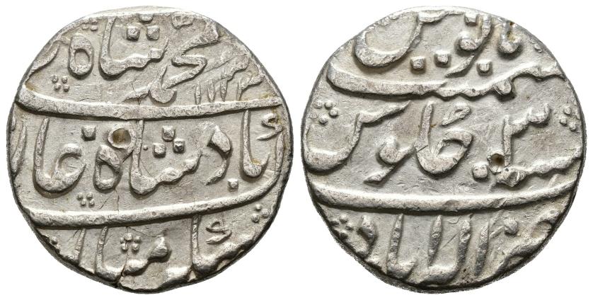1243   -  MOGOLES. NASIR AL-DIN MUHAMMAD SAH B. JAHAN II (1131-1161/1719-1748). Rupia. Allahabad. 1133 H. AR 11,53 g. 25 mm. 2 punzones. MBC+.