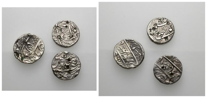 1244   -  MOGOLES. Lote de 3 rupias: 'Aziz al-Dinmuhammad 'Alamgir II (1: Sironj, 1168 H); Muyahid Al-Din Ahmad Sah Bahadur (Arkat, sin fecha); MOGOLES. YILAL AL-DIN Muhammad Sah 'Alam II (sin ceca, 1178 H). Todas con punzones. MBC.