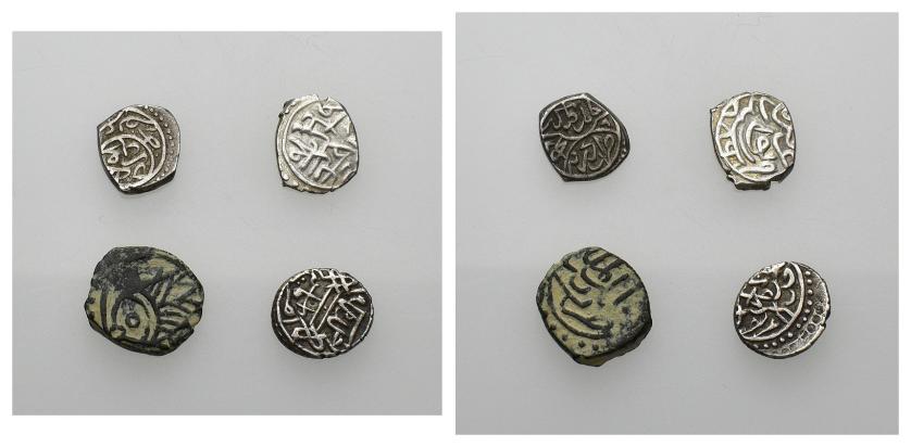 1250   -  OTOMANOS. Lote de 4 monedas: Murad II -akçe, Edirne 848 H-; Mehmed II -3: 2 akçe (Amasya 855 H. y Nuwar .886 H) y 1 mangir (Tira, sin fecha)-. MBC.