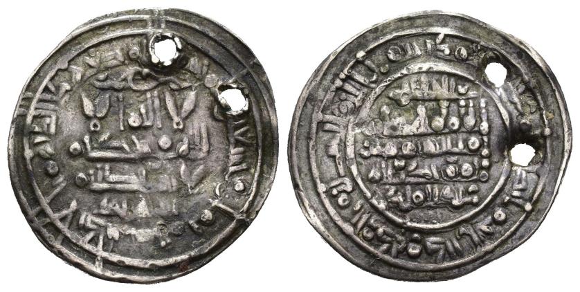 295   -  CALIFATO. HISAM II (977-1008). Dírham. Al-Andalus. 398 H. AR 3,54 g. 24 mm. V-592. Dos perforaciones. MBC.
