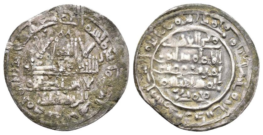 332   -  CALIFATO. SULAYMAN AL-MUSTA'IN (1009-1010). Dírham. Medina al-Zahra. 400 H. AR 2,88 g. 22 mm. V-696; PV-19b. Concreciones. MBC+. 