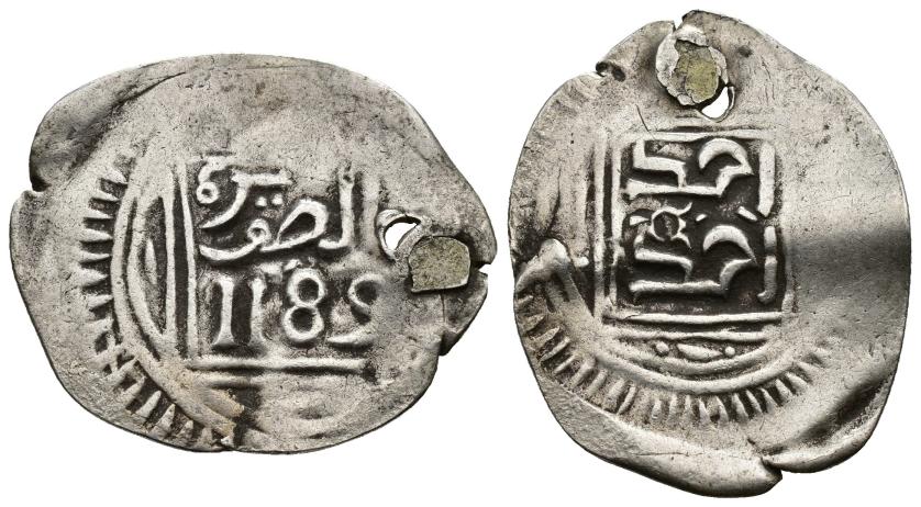 924   -  ALAUÍES. MUHAMMAD III B. 'ABD ALLAH (1171-1204/1757-1789). Muzuna. Al-Suwayra. 1189 H. AR 2,67 g. 22 mm. Lavoix II-1076; Eustache 1984-tipo 232. Perforación y remache. 